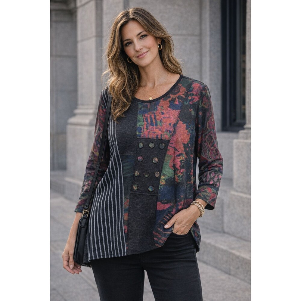Ali Miles Womens Top Large Abstract Patchwork Tunic 3/4 Sleeve Artsy Boho